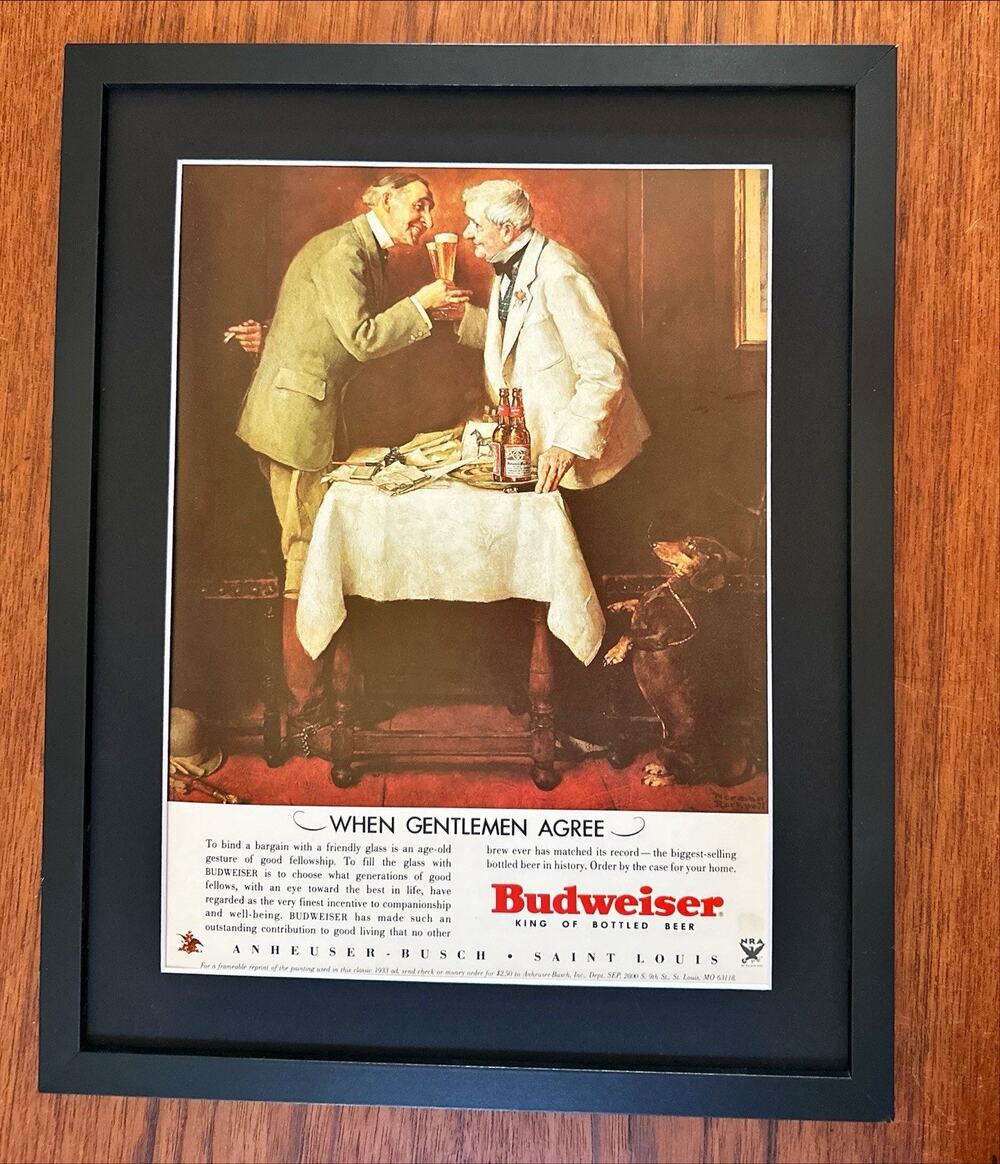 Framed Vintage Budweiser Beer Print Ad WHEN GENTLEMAN AGREE Norman Rockwell
